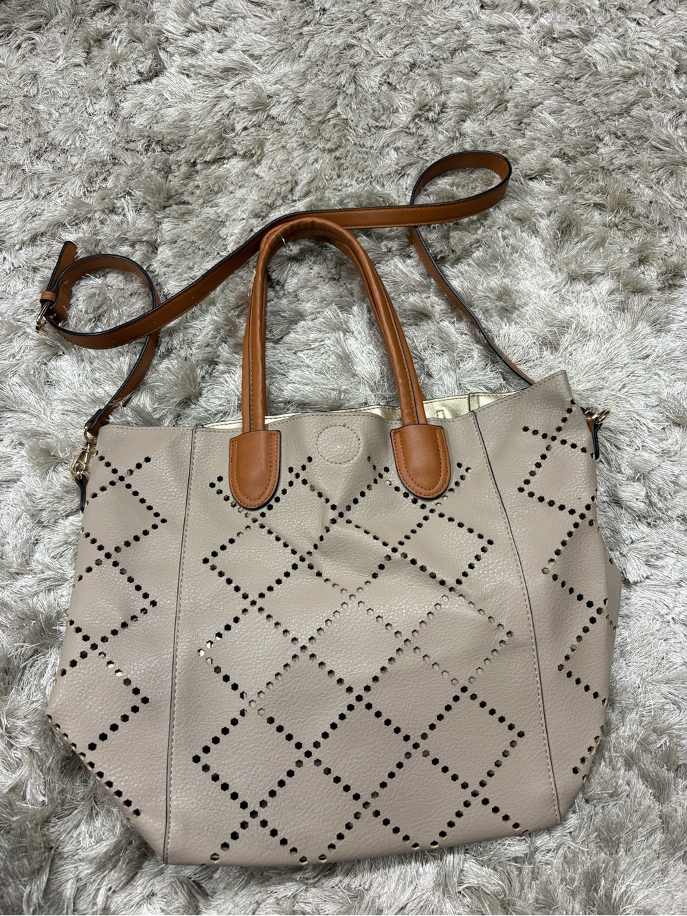 Louenhide Neutral Perforated Tote with Tan Handles - Women's Shoulder Bag